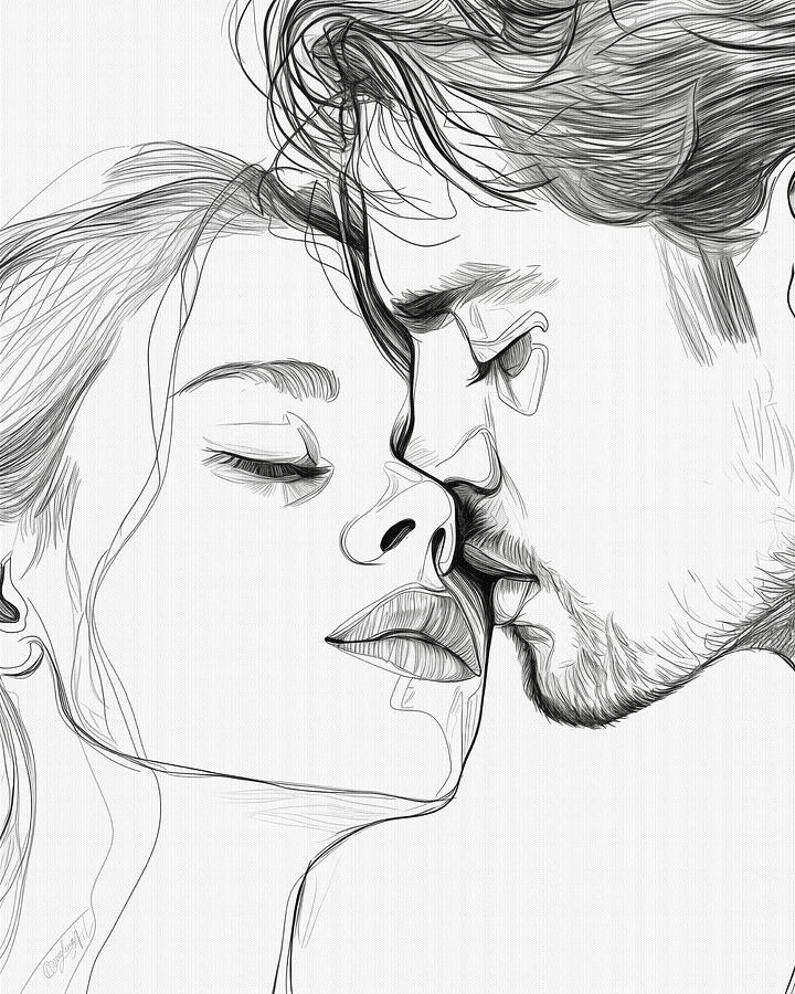 Besame Mucho A Graceful Illustration Of A Couple Sharing A Tender Kiss Digital Art