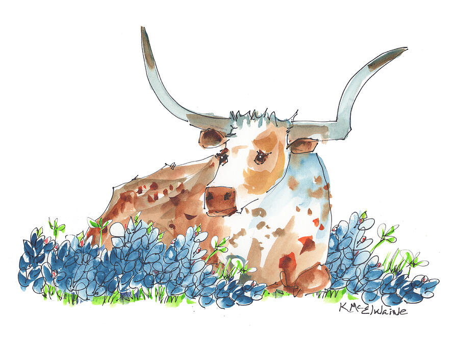 Nature Painting - Bessie In The Bluebonnets LH093 Kathleen McElwaine Texas Longhorn Watercolor Artist by Kathleen McElwaine Nature Painting - Bessie In The Bluebonnets LH093 Kathleen McElwaine Texas Longhorn Watercolor Artist by Kathleen McElwaine