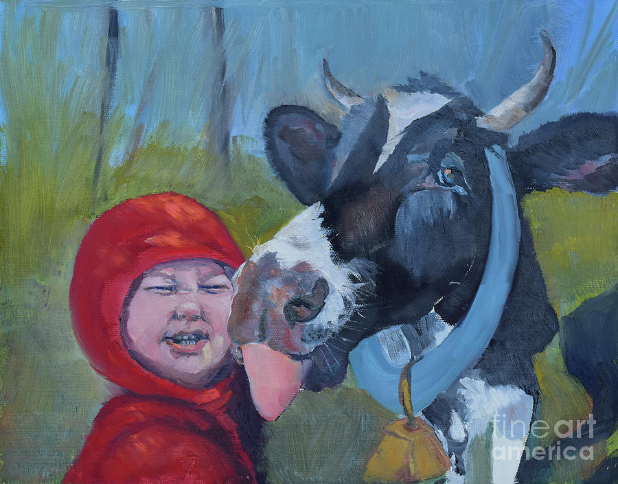 Bessie loves Bo - Cow Licks Boy Painting by Jan Dappen