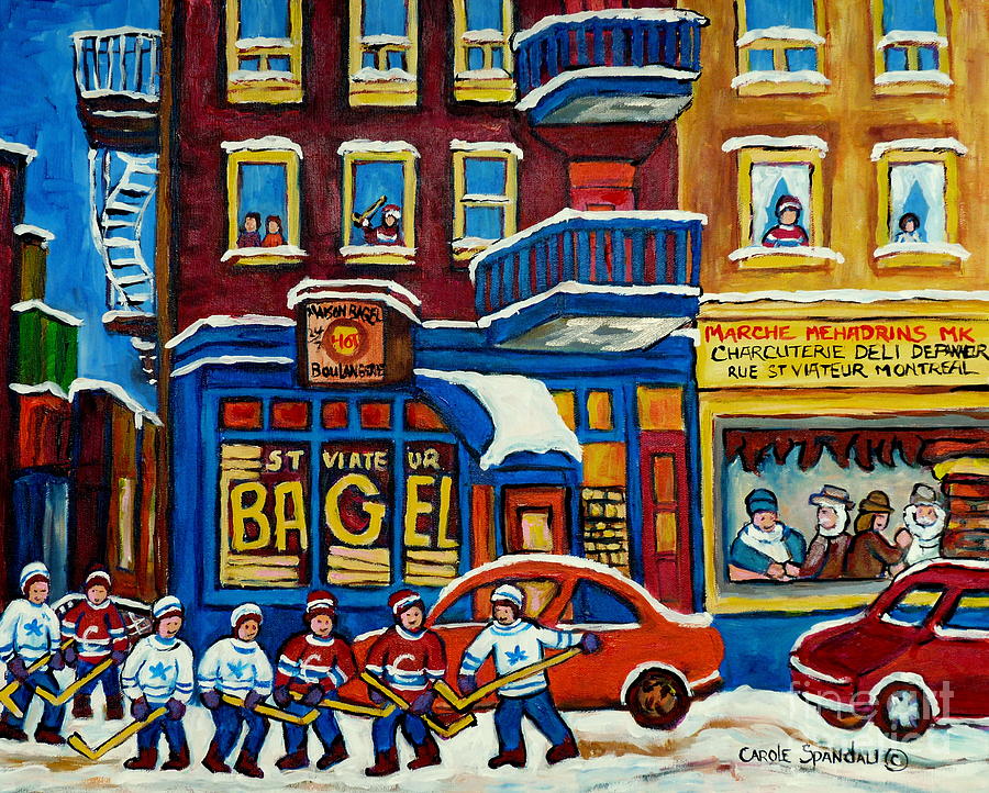 Hockey Painting - Best Bagel Bakery St Viateur Boulangerie Mehardrins Best Kosher Meat Montreal Hockey Art C Spandau by Carole Spandau