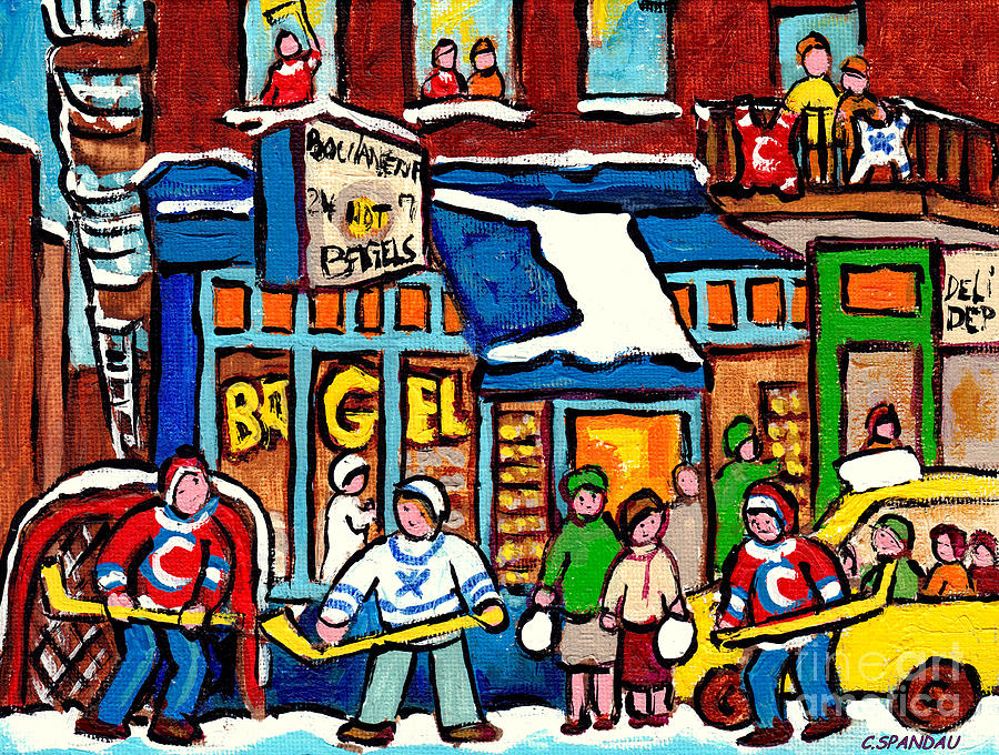 Best Bagel Bakery St Viateur Street Scene Painting C Spandau Montreal Winter Scenes Hockey Artist Painting by Carole Spandau