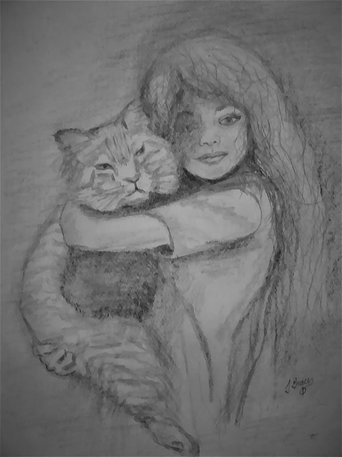 Cat Drawing - Best Friends by Julie Grace