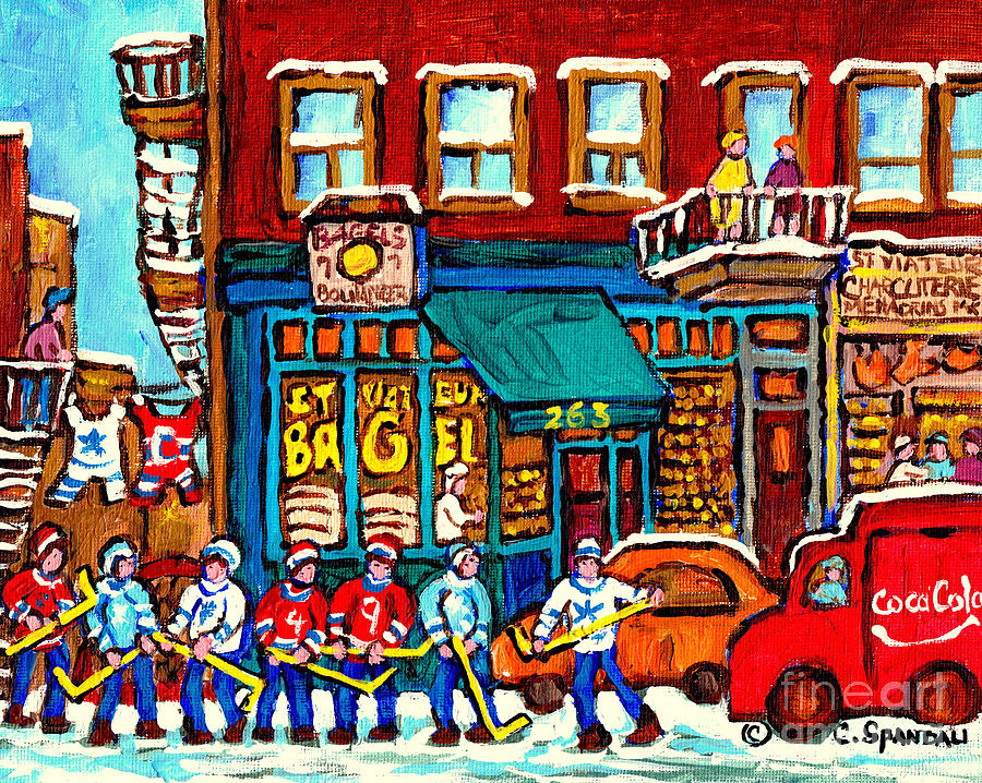 Best Montreal Landmark Bagel Deli St Viateur Bakery Winter Hockey Scenes C Spandau Quebec Artist  Painting by Carole Spandau