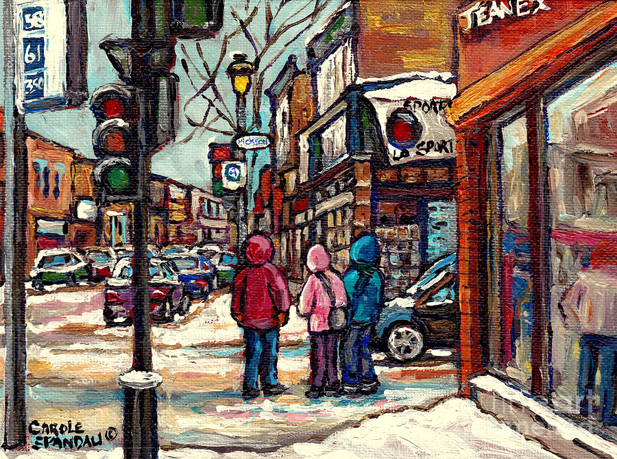 Best Verdun Montreal Winter Scene Painting For Sale Crossing Hiickson Street C Spandau Canadian Art Painting by Carole Spandau