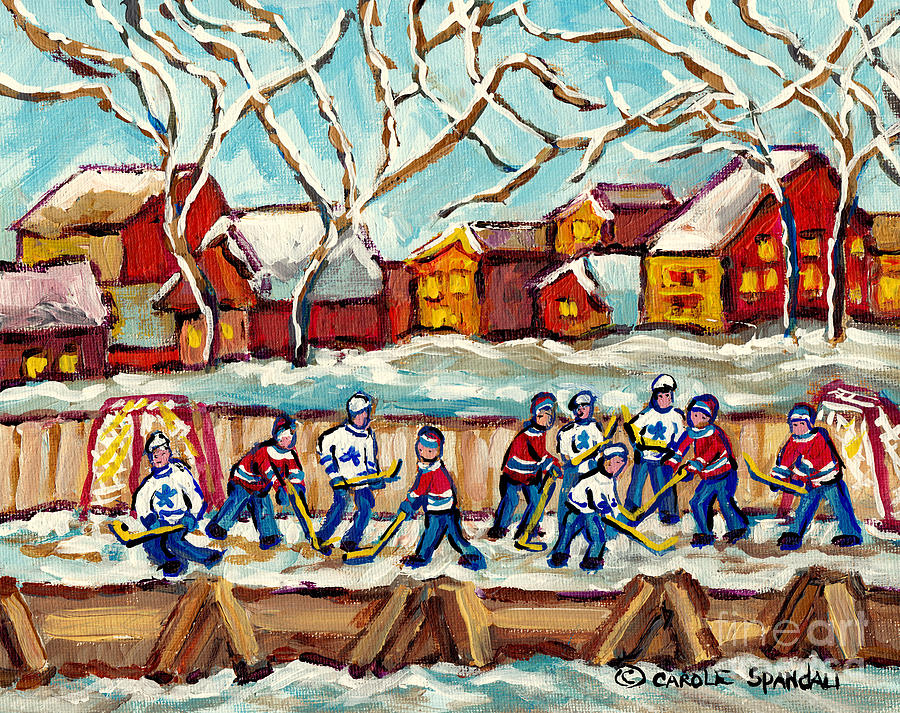 Best Winter Scene Paintings Outdoor Kids Hockey Rinks Cozy Houses Canadian Artist Carole Spandau Painting by Carole Spandau