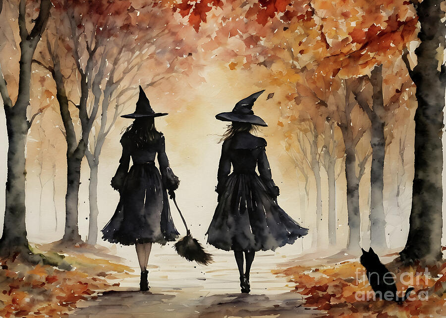 Fall Painting - Best Witches on an Autumn Day by Lyra OBrien