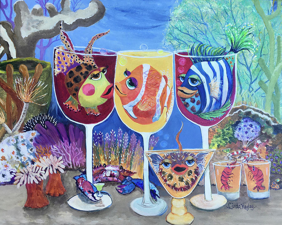 BestFins Happy Hour at the Reef Bar Painting by Linda Kegley