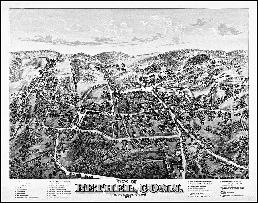 Bethel Connecticut Vintage Map Birds Eye View 1879 Black And White 