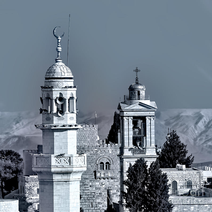 Bethlehem Minarets in Black  and White Photograph by Munir Alawi