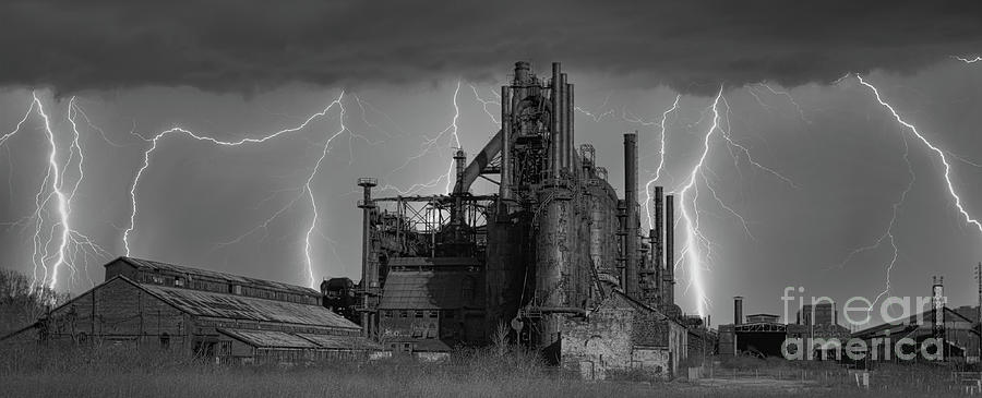Bethlehem Steel Stacks Ruins Lightning BW  Photograph by Chuck Kuhn