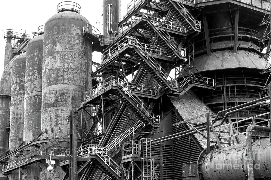 Bethlehem Steel - Stairs and Blast Furnace - Black and White Photograph by Sturgeon Photography