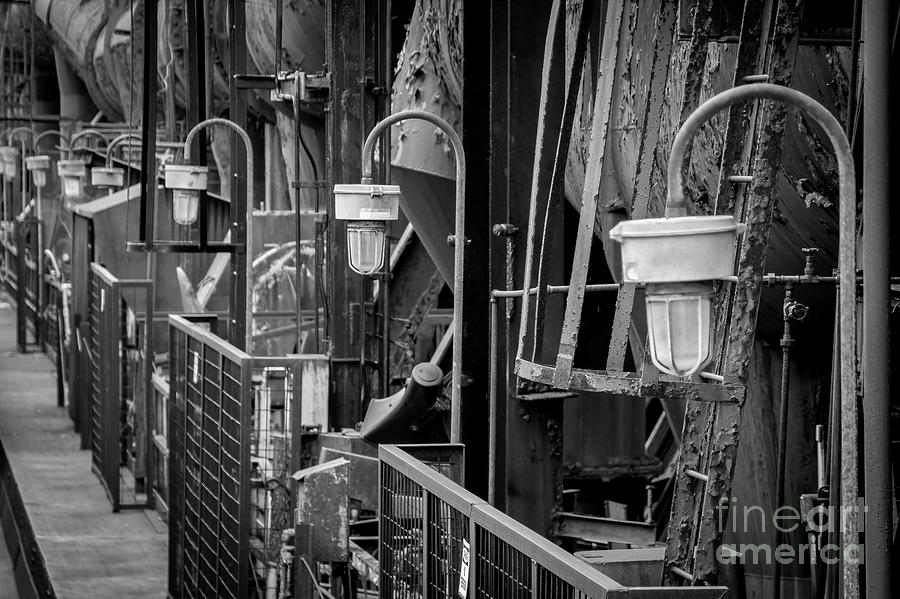 Bethlehem Steel - Work Lights - black and white Photograph by Sturgeon Photography