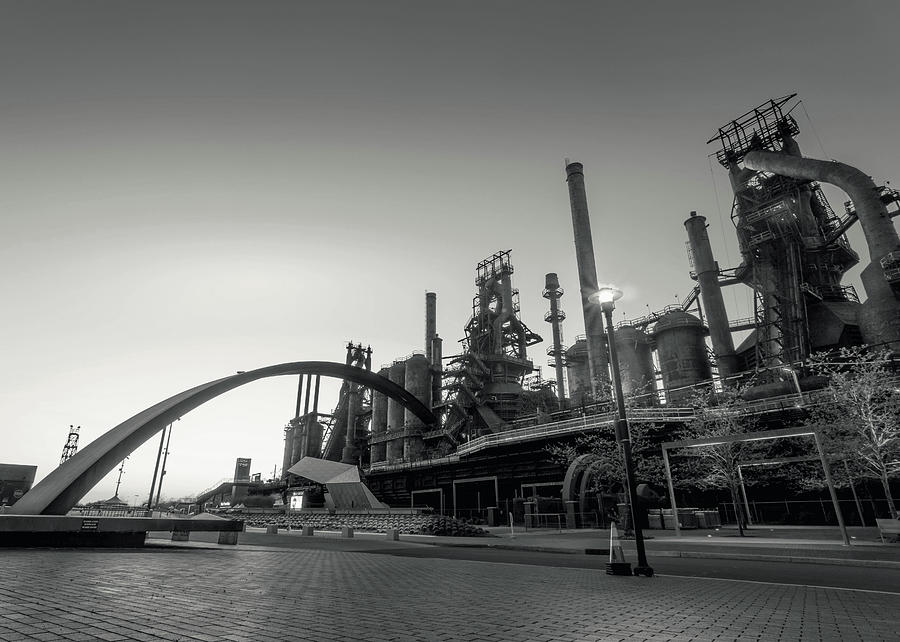 Bethlehem SteelStacks and Sculpture Black and White Photograph by Jason Fink