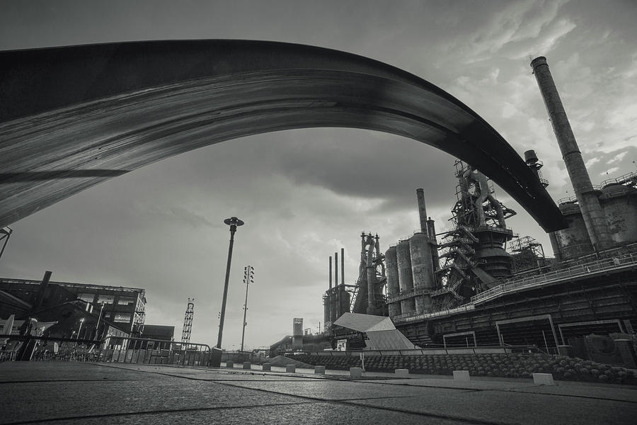 Bethlehem SteelStacks Under The Bridge - Stormy Skies Black and White Photograph by Jason Fink