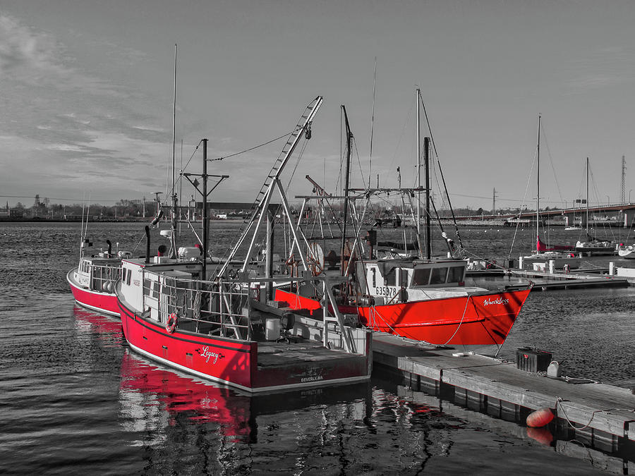 Beverly Harbor - Black, White, and Red Photograph by Scott Hufford