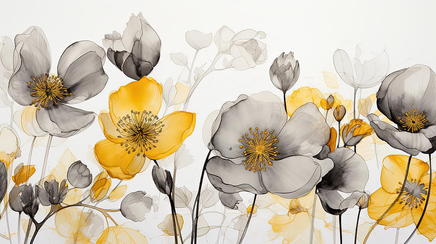Beyond the Visible Bloom - Black and Yellow Minimalist Flower Art Painting by Lourry Legarde