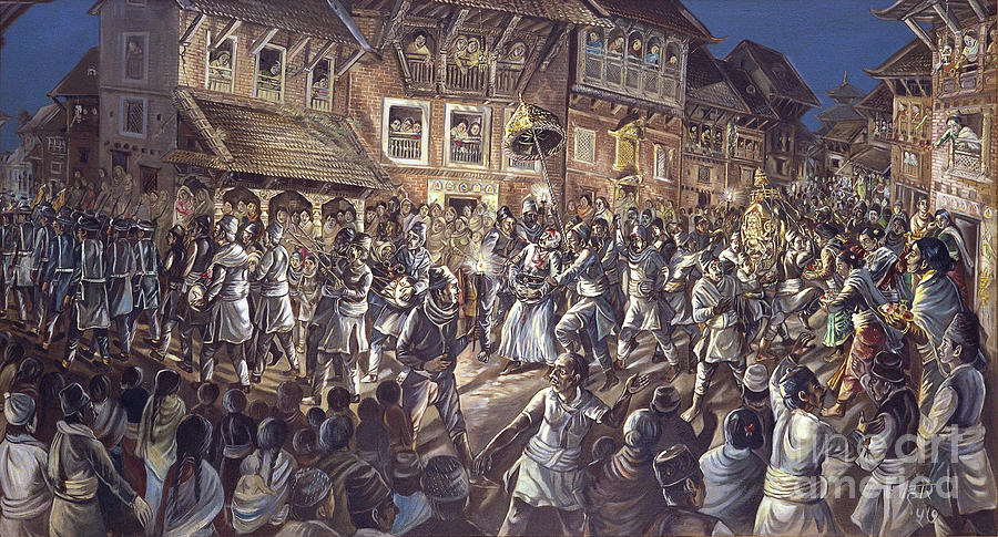 Nepal Painting - Bhairav procession by Hari Prasad Sharma Nepal Painting - Bhairav procession by Hari Prasad Sharma