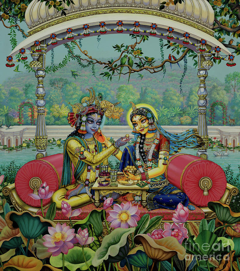 Bhojan Lila. Shree Radha Shree Krishna. Central part Painting by Vrindavan Das