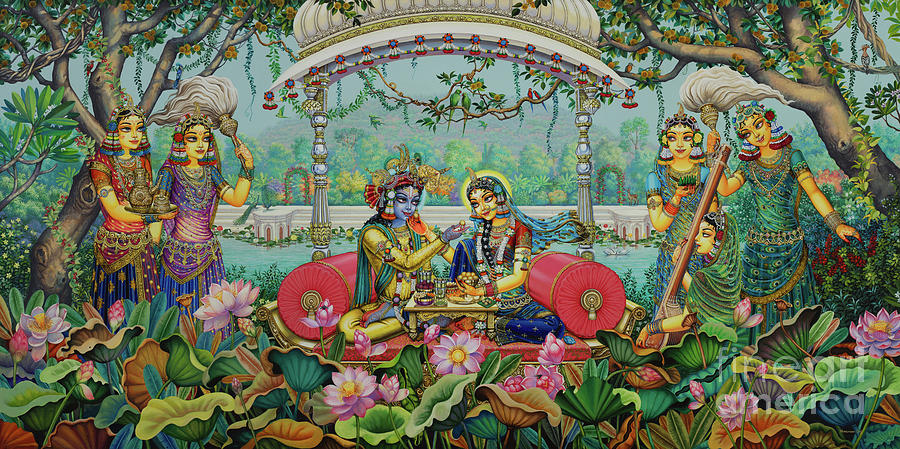 Bhojan Lila. Shree Radha Shree Krishna. Painting by Vrindavan Das