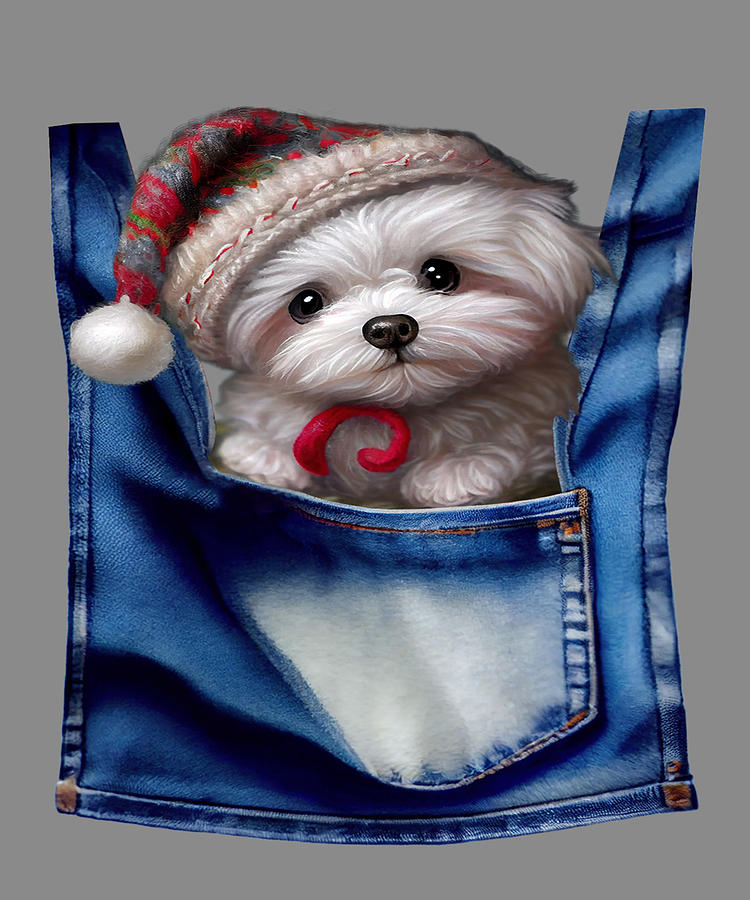 Bichon Frise Dog in a Christmas hat peeks out from a pocket  Digital Art by OLena Art by Lena Owens - Vibrant DESIGN