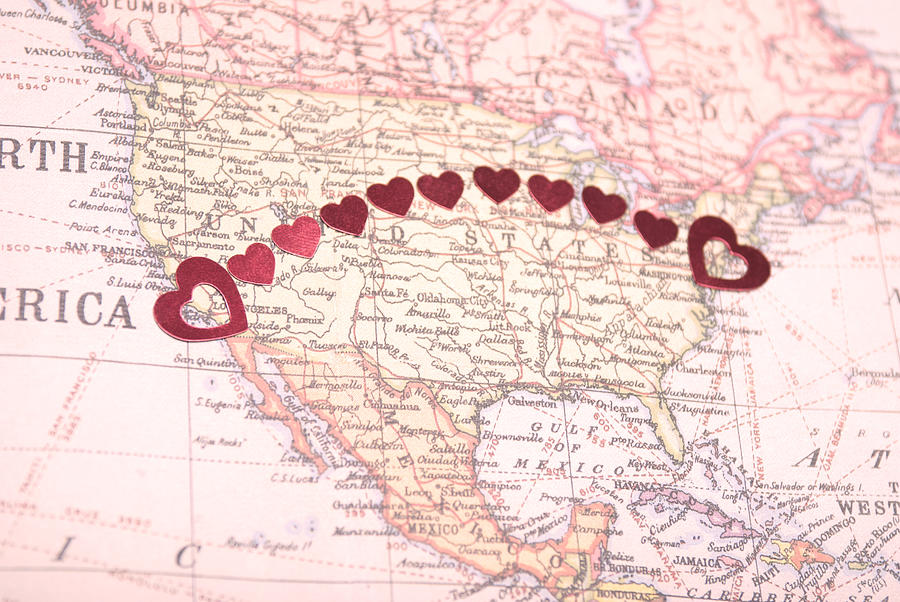 Bicoastal Coast-to-Coast American Romance Hearts on Map Photograph by PeskyMonkey