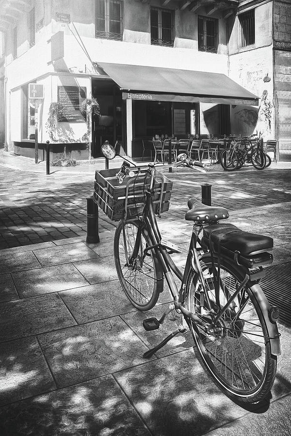 Vintage Photograph - Bicycle and Bistro Bordeaux France Black and White  by Carol Japp