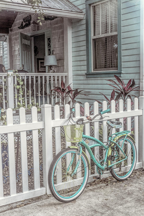 Bicycle at the Garden Fence in Cool Cottage Colors Photograph by Debra and Dave Vanderlaan