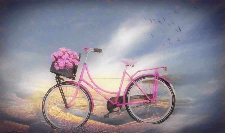 Bicycle at the Lake Beach Painting Photograph by Debra and Dave Vanderlaan