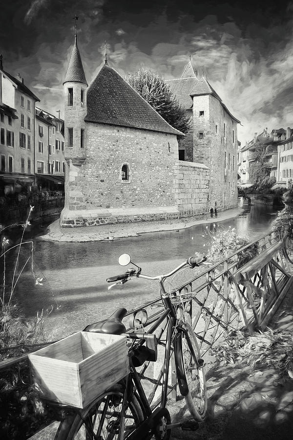 Bicycle by the Canal Annecy France Black and White  Photograph by Carol Japp