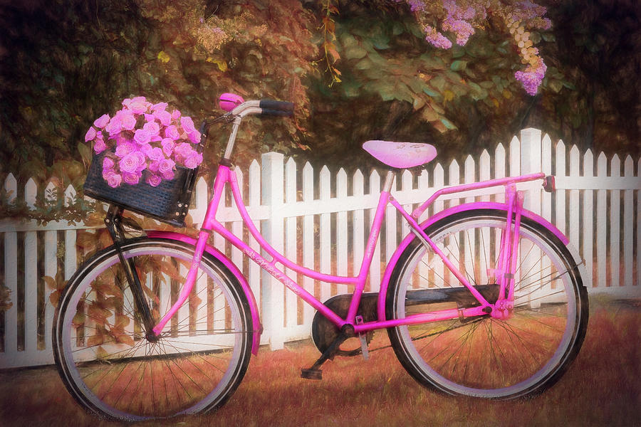 Bicycle by the Garden Fence II Painting Photograph by Debra and Dave Vanderlaan