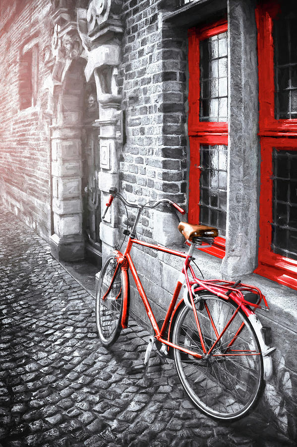 Bicycle in Bruges Black White and Red Photograph by Carol Japp