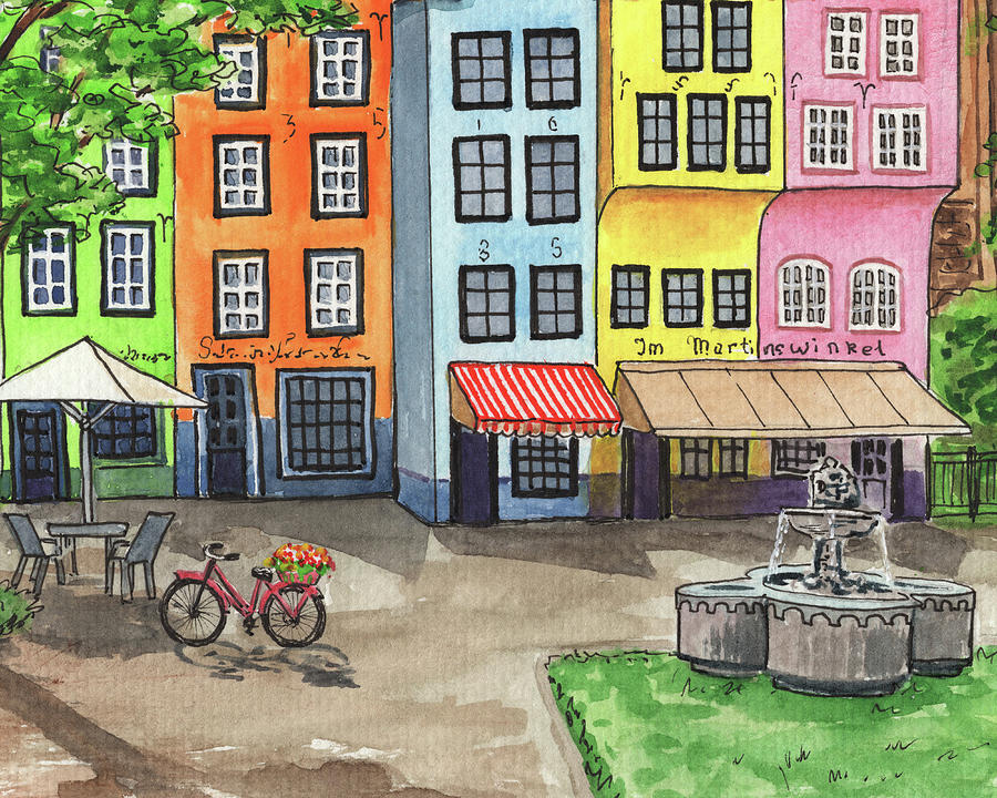 Bicycle Near Town Cafe And Fountain Watercolor  Painting by Irina Sztukowski