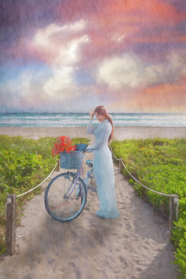 Bicycle on the Beach Trail Watercolor Painting Photograph by Debra and Dave Vanderlaan