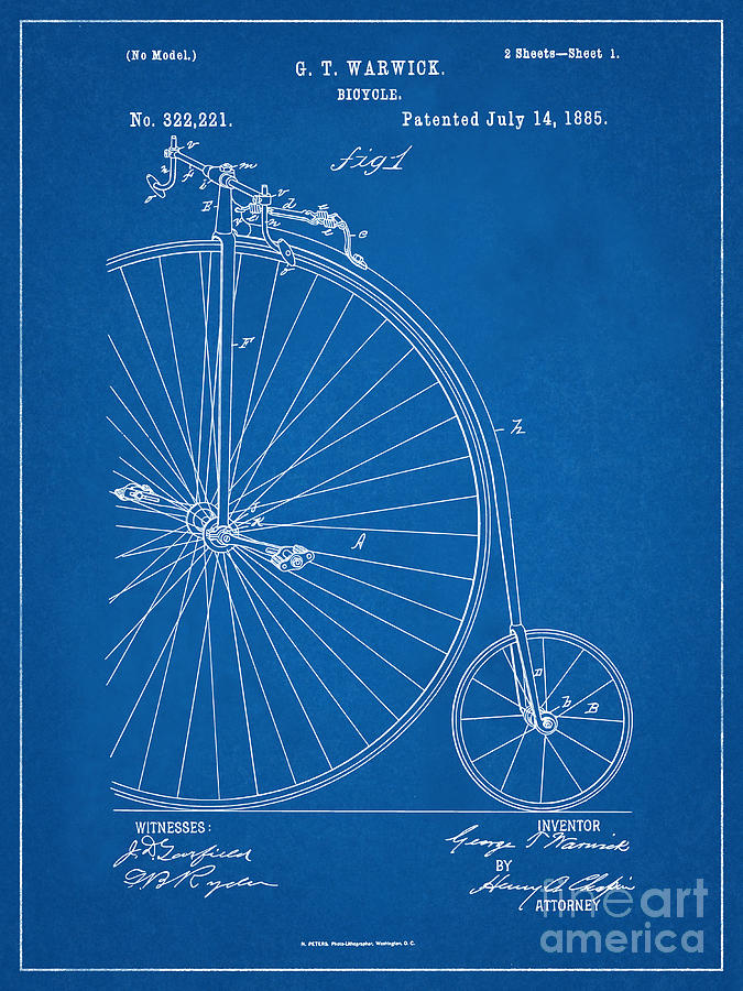 Bicycle Patent Blueprint Year 1885 Vintage Patent Art Print Mixed Media by Kithara Studio