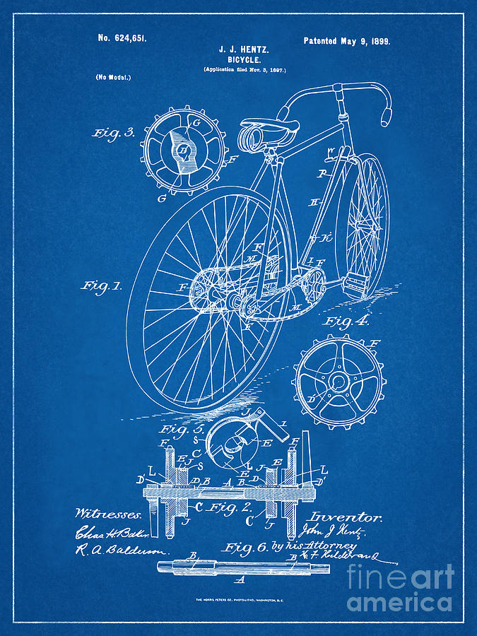 Bicycle Patent Blueprint Year 1899 USA Vintage Patent Art Print Drawing Artwork Mixed Media by Kithara Studio