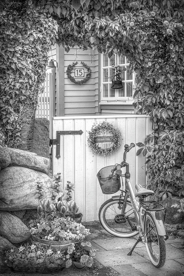 Bicycle Waiting at the Garden Gate in Black and White  Photograph by Debra and Dave Vanderlaan