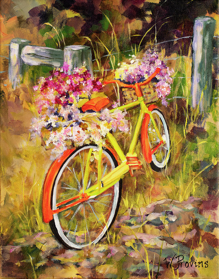 Bicycle with Flower Baskets #1 Mixed Media by Wendy Provins