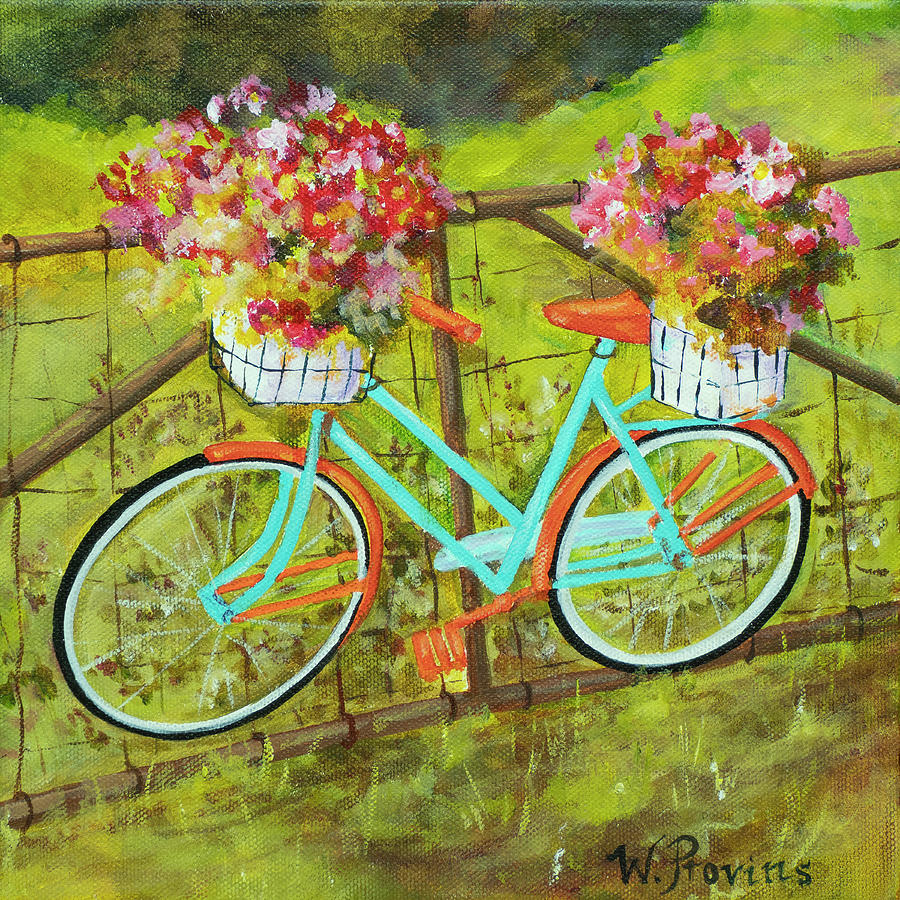 Bicycle with Flower Baskets #2 Mixed Media by Wendy Provins