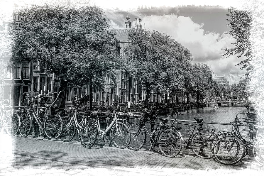 Bicycles Along the Canals in Black and White  Bordered Photograph by Debra and Dave Vanderlaan