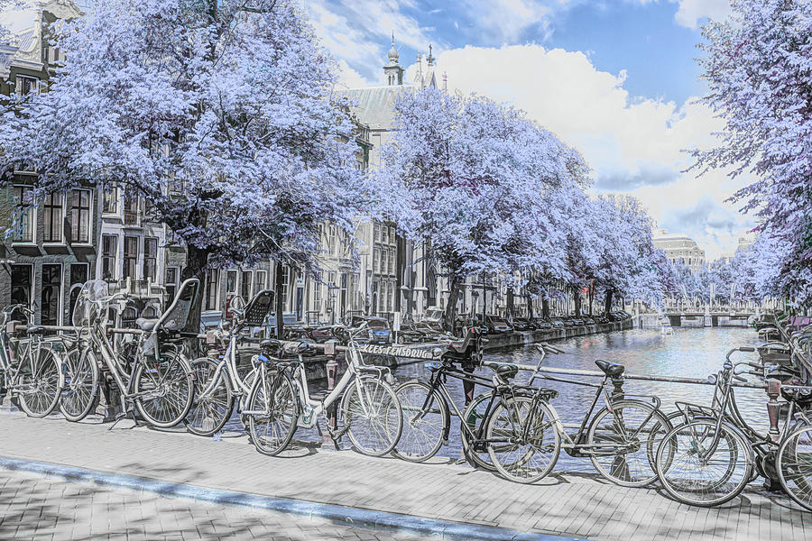 Bicycles Along the Canals in Blues and Black and White Photograph by Debra and Dave Vanderlaan