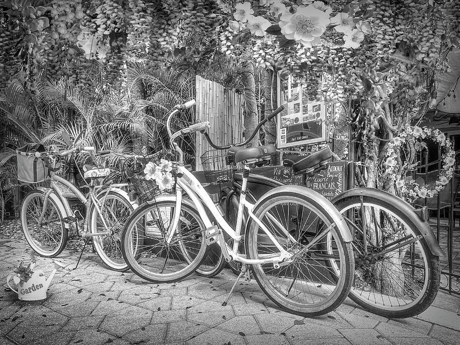 Bicycles at the Bakery Courtyard in Black and White Photograph by Debra and Dave Vanderlaan