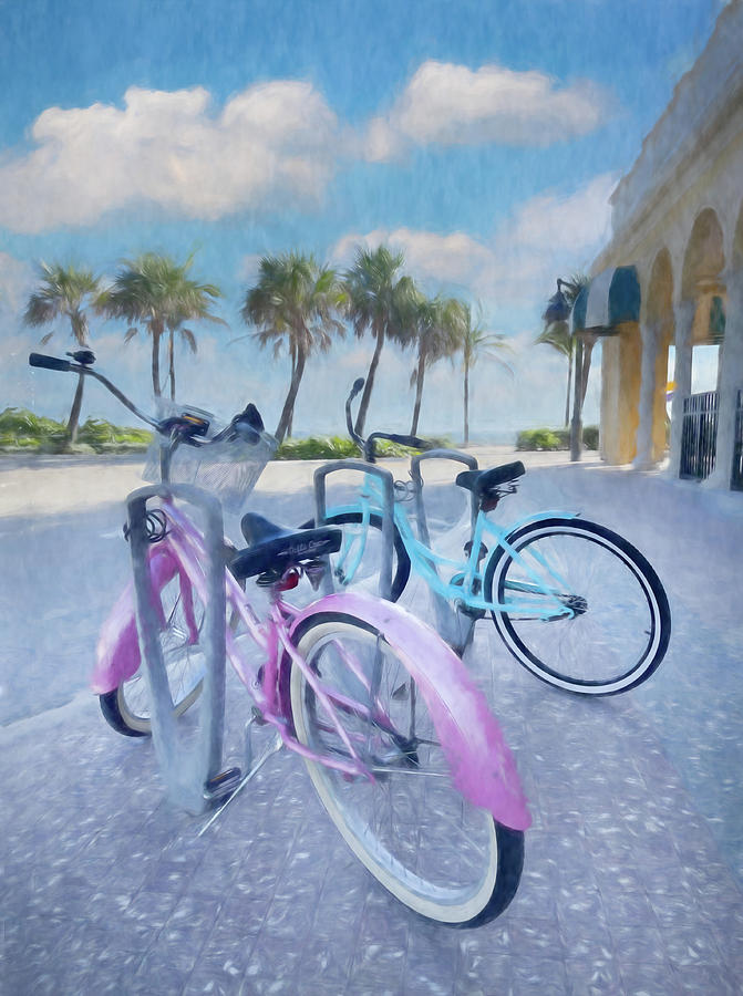 Bicycles at the Beach Casino Watercolor Painting Photograph by Debra and Dave Vanderlaan