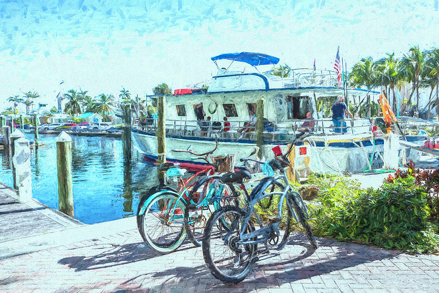 Bicycles at the Marina at Two Georges Painting Photograph by Debra and Dave Vanderlaan