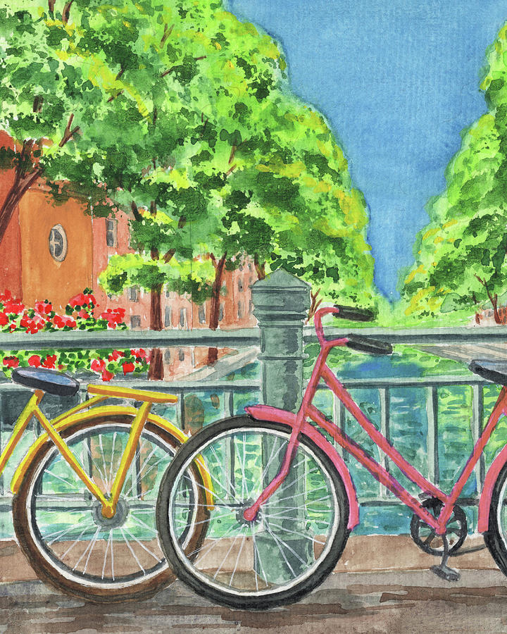 Bicycle Painting - Bicycles On The Bridge Amsterdam Netherlands Watercolor  by Irina Sztukowski