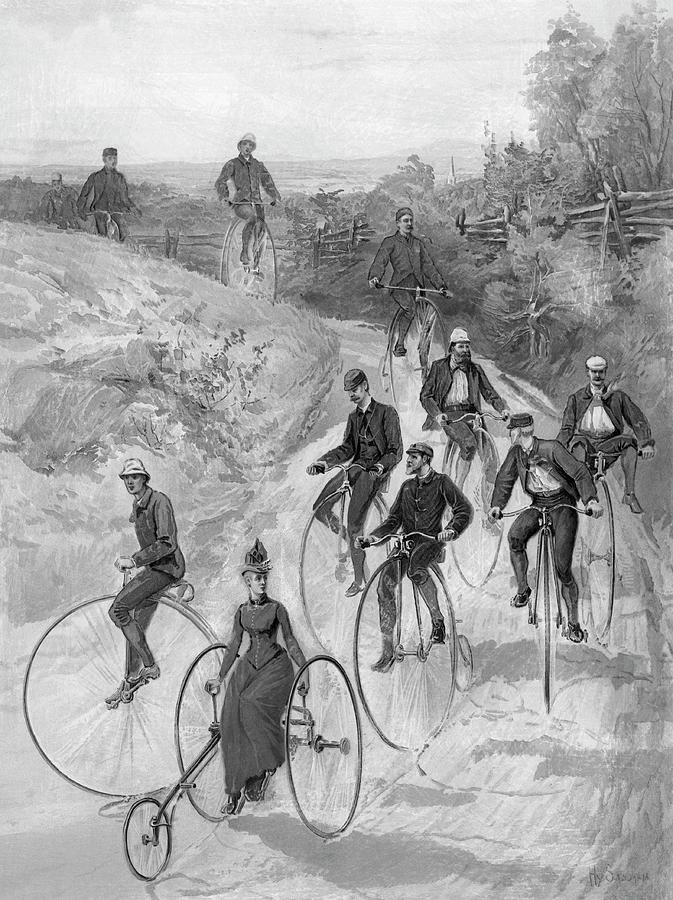 Bicycling by Hy Sandham 1887 bw Painting by Bob Pardue