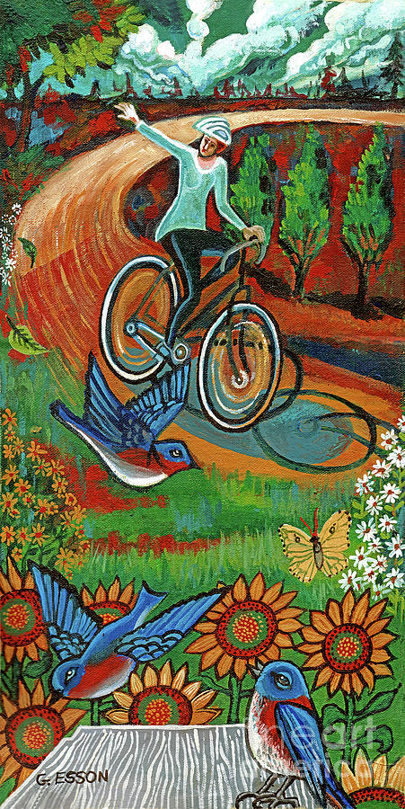 Bicyclist With Bluebirds and Sunflowers Painting by Genevieve Esson