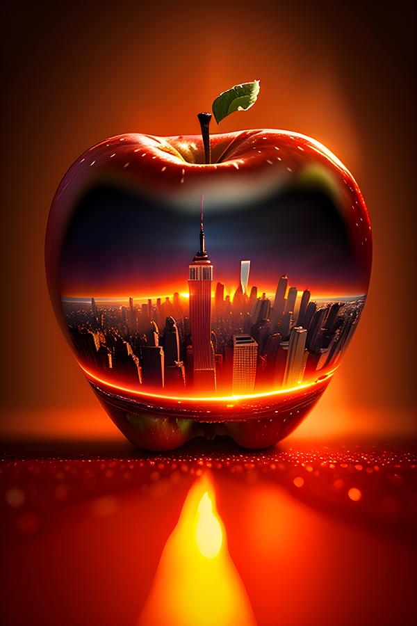 Big Apple Magic- Captivating Sunset City of New York in a Red Apple Digital Art by Artvizual Premium