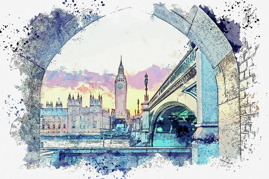 Big Ben from the Westminster Bridge Watercolor Travel Poster by Asar Studios Painting by Celestial Images