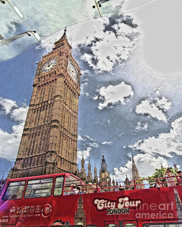 Big Ben Over Red Bus Mixed Media by Loretta S