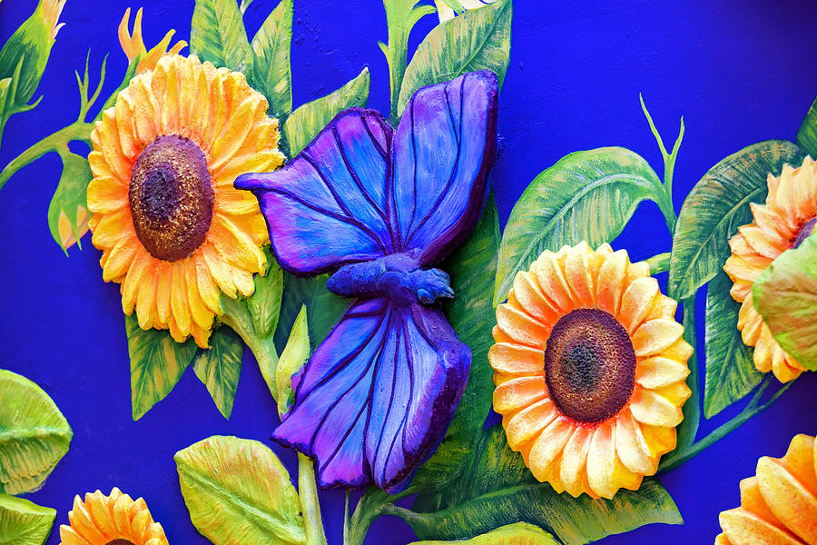 Big Blue Butterfly and Sunflowers 3D mural - Willemstad, Curacao Mixed Media by Pheasant Run Gallery